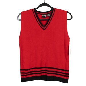 Erika VTG Sweater Vest S VNeck Red Black Trim Old Money Academic Classic Stretch